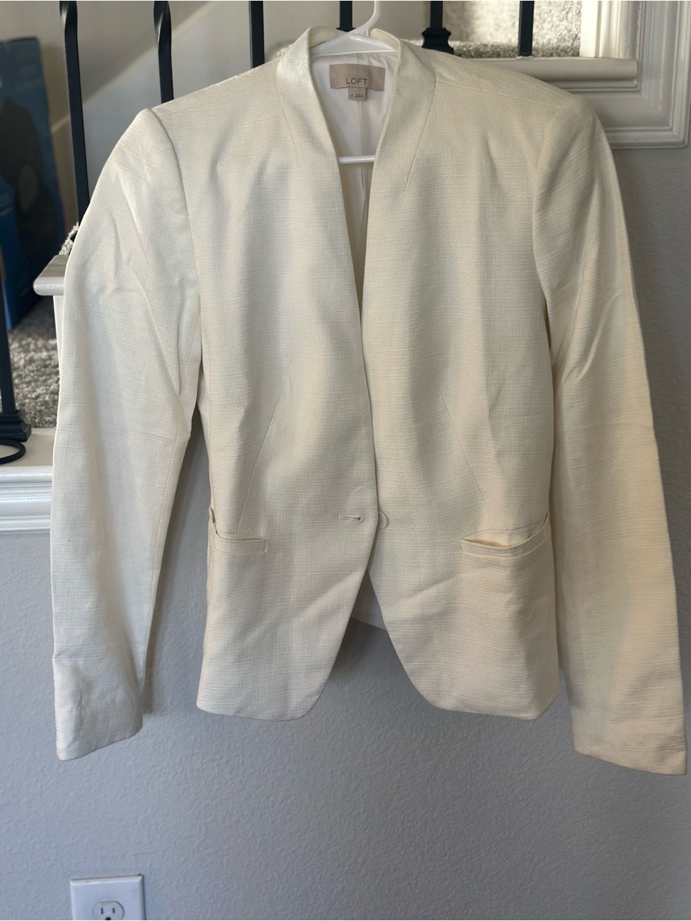 LOFT Cream Collarless Textured Open Blazer